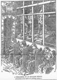 "A Treadmill in an English Prison." Illustration from the Edgefield Advertiser of British prisoners walking the prison treadmill and picking oakum.